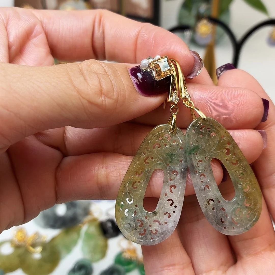 翡翠银S925镶嵌耳饰缅料