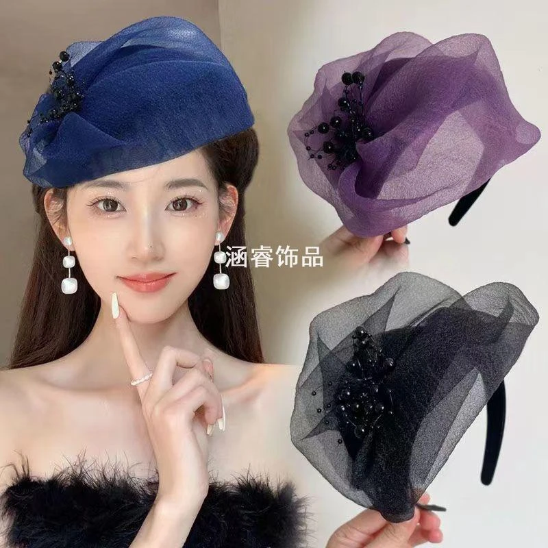 超宽边半帽发箍法式遮白发晚宴头箍气质欧根纱显脸小发卡压发头饰