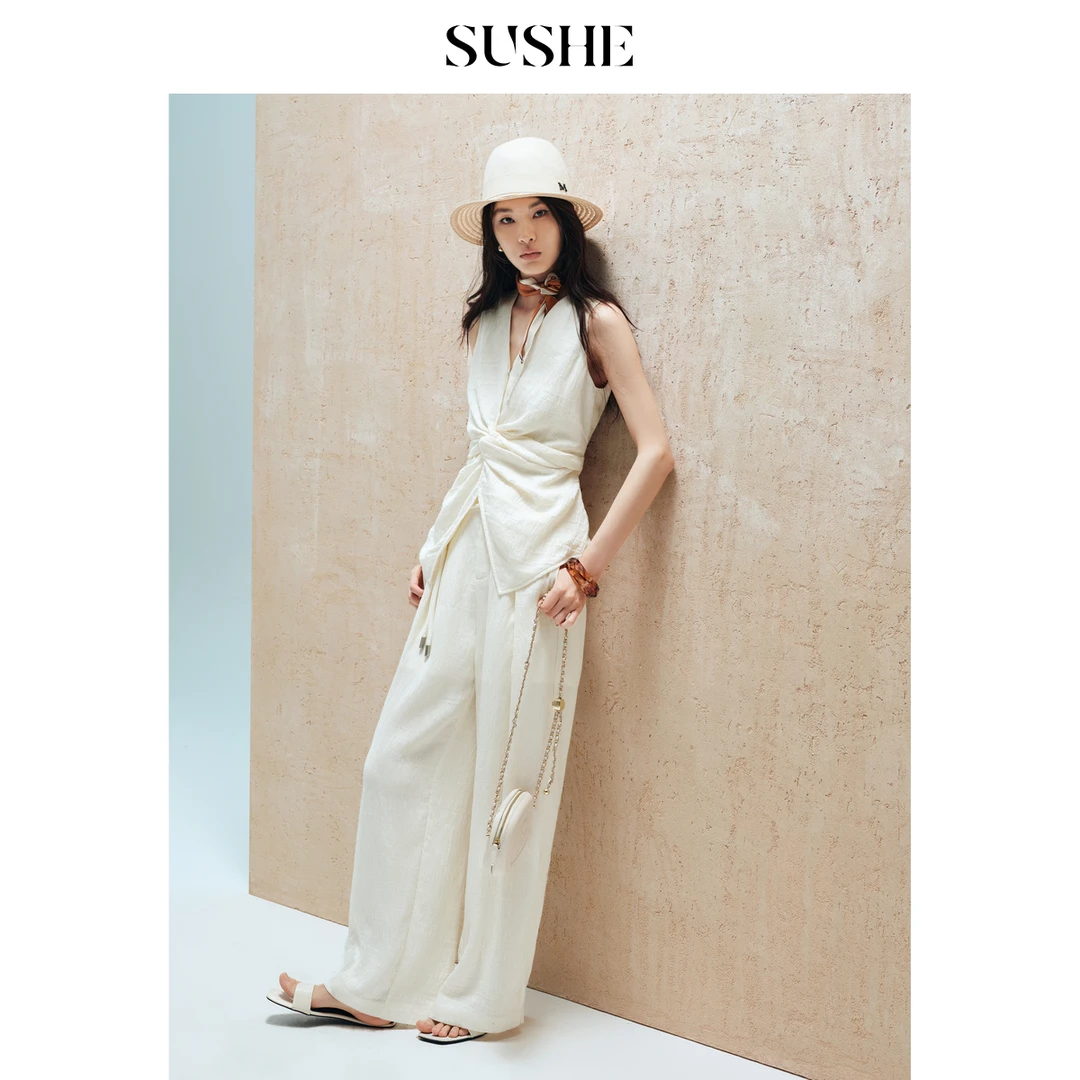 SUSHE 悠见 智性老钱V领收腰无袖马甲极简直筒裤经典黑白套装