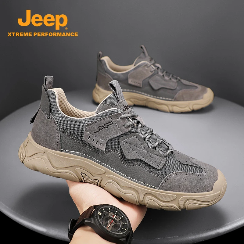 Jeep吉普男鞋冬季新款户外徒步运动鞋真皮软底耐磨网面透气登山鞋
