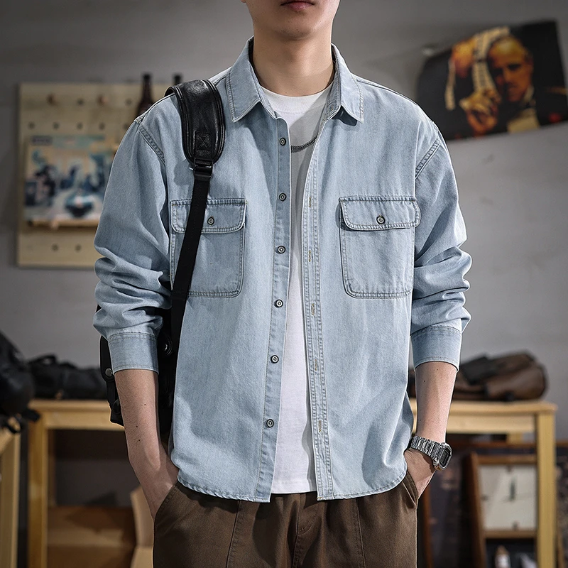 TERINELO/黛芮奈勒新款春秋棉休闲牛仔衬衫男美式复古工装长袖