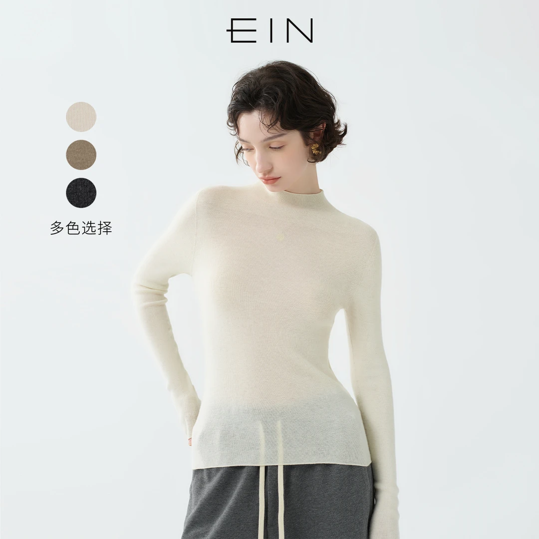 EIN/言简约风绵羊毛无缝半高领打底套头文艺针织衫2025早秋新款