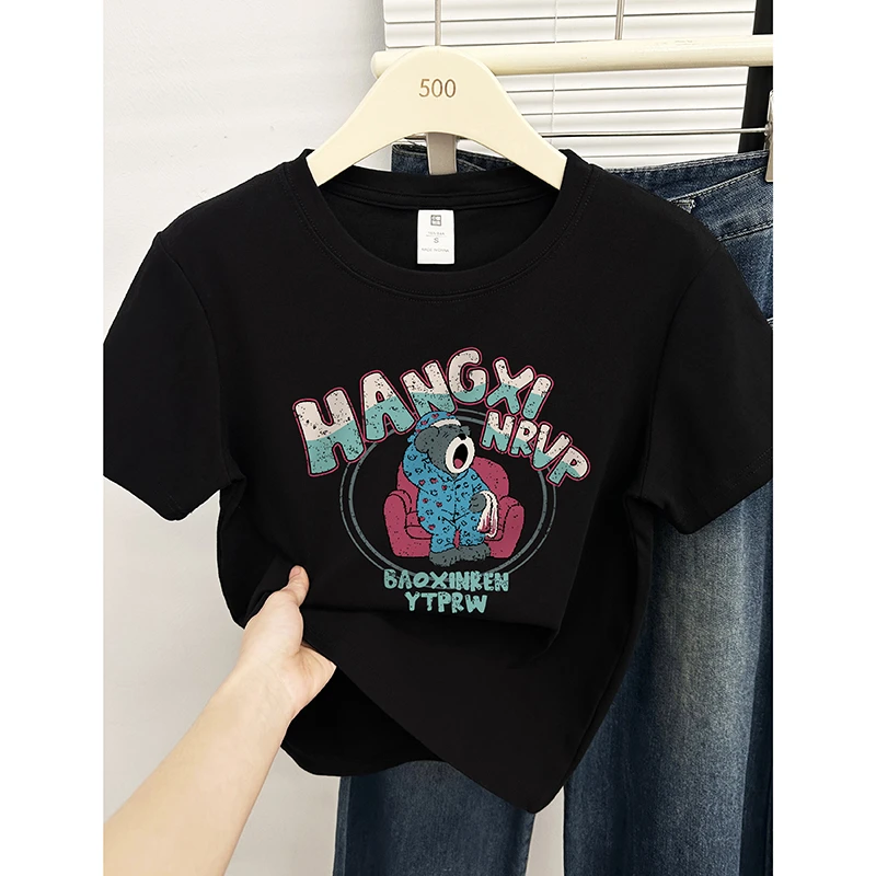 韩版大码小熊印花圆领黑色短袖T恤女夏季新款时尚显瘦正肩上衣潮