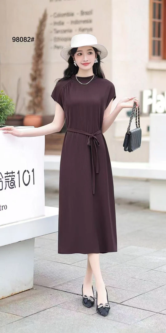 落肩短袖系带圆领显瘦中长款气质夏季连衣裙女