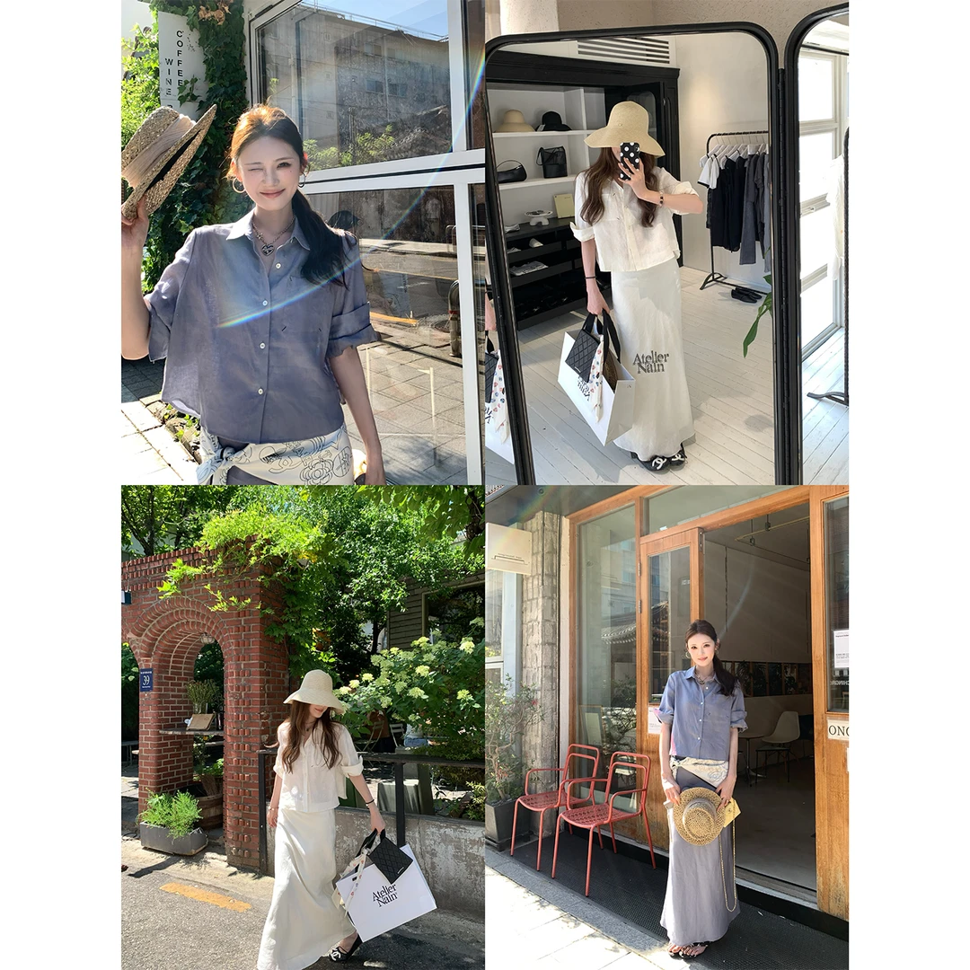 aaaaxbbb蔚山晨雾纯亚麻衬衫短袖上衣韩系休闲半身裙鱼尾裙女夏