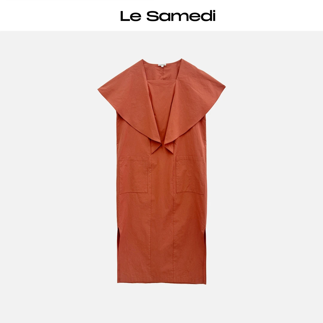 Le Samedi【加州柑橘】丝滑府绸棉 大翻领披肩 复古飞袖茧型连衣裙
