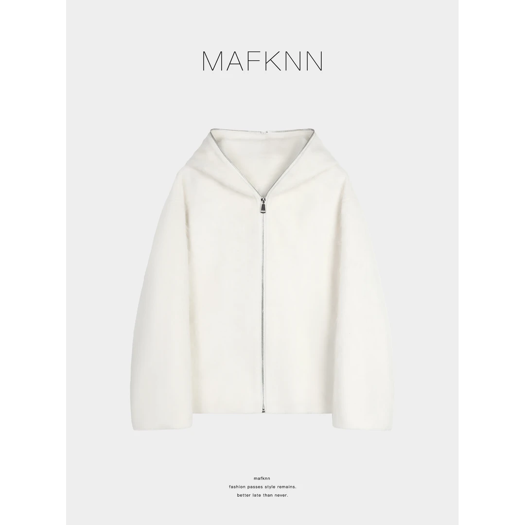 MAFKNN/玛肯时尚休闲简约纯色百搭拉链带帽毛呢大衣MK13326