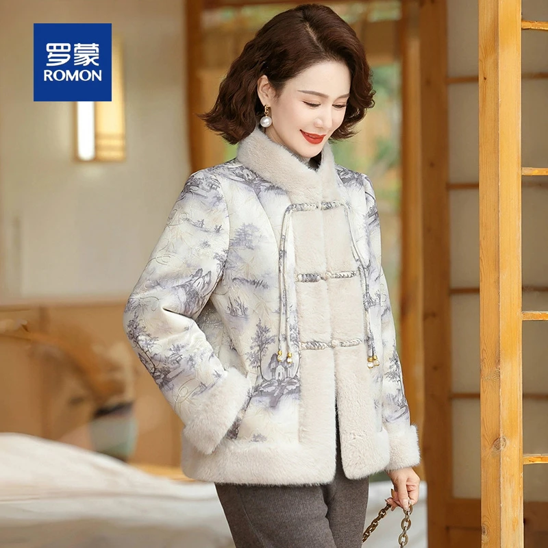 罗蒙新中式中老年女妈妈装冬季皮毛一体水貂绒外套女短款加绒加厚