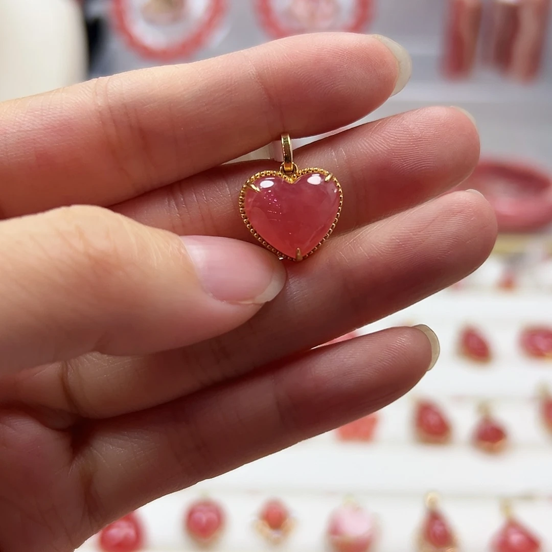 菱锰矿（红纹石）18K金镶嵌吊坠(不含链)