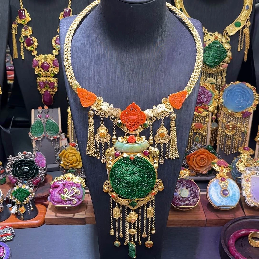 翡翠银S925镀金镶嵌套链辣绿花青翡翠多宝项链套装