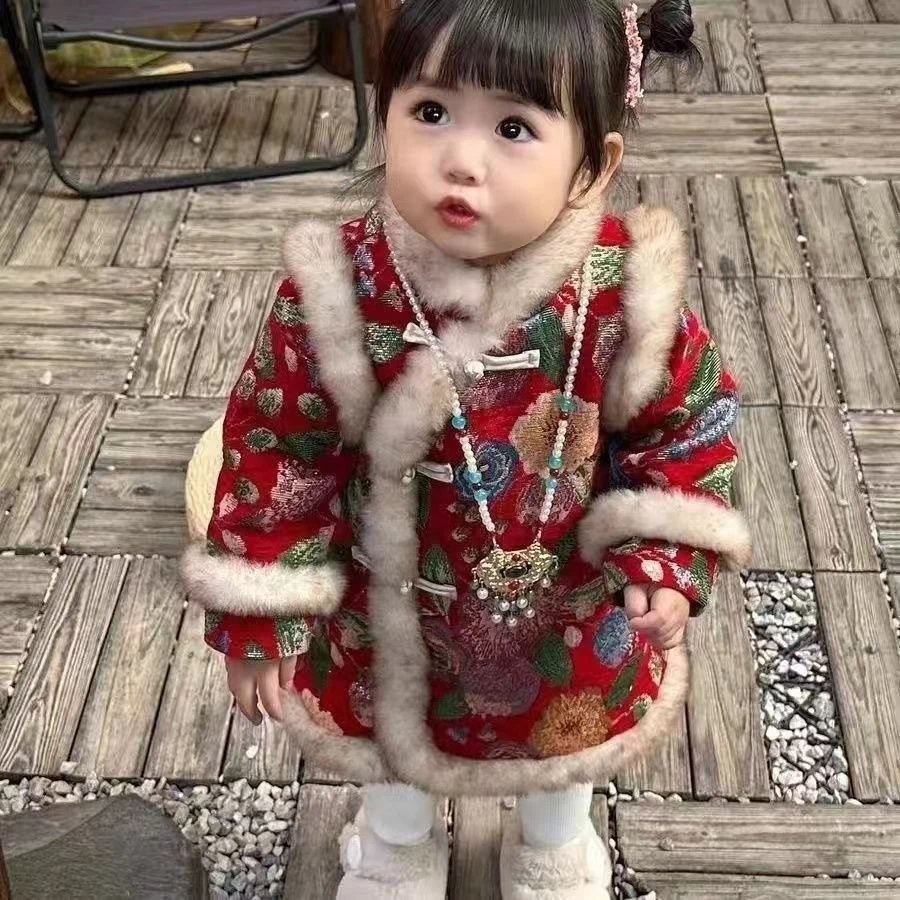 女童拜年冬装新款连衣裙冬季加绒汉服中国儿童旗袍裙唐装宝宝加厚