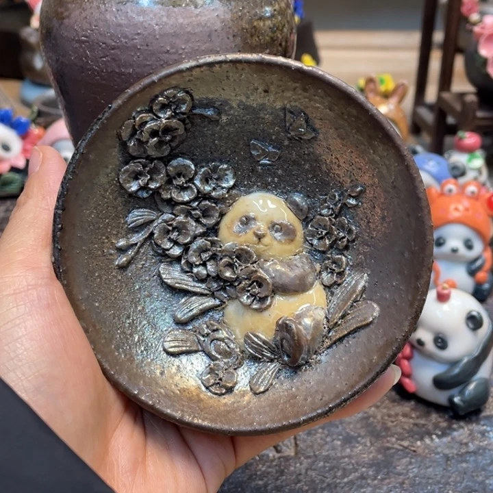 夜*熊猫柴烧瑕疵内雕