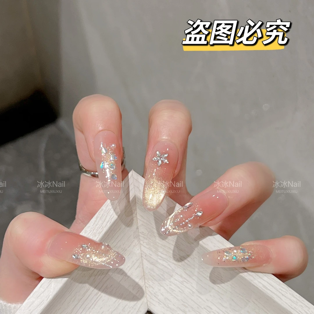 【流星赴月】纯手工穿戴甲爆闪亮片美甲金色猫眼穿戴甲夏新款10片