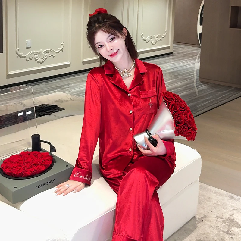 DIMDEVL/汀黛蛇系烫钻新年本命红色丝绒长袖春季家居服睡衣套装女