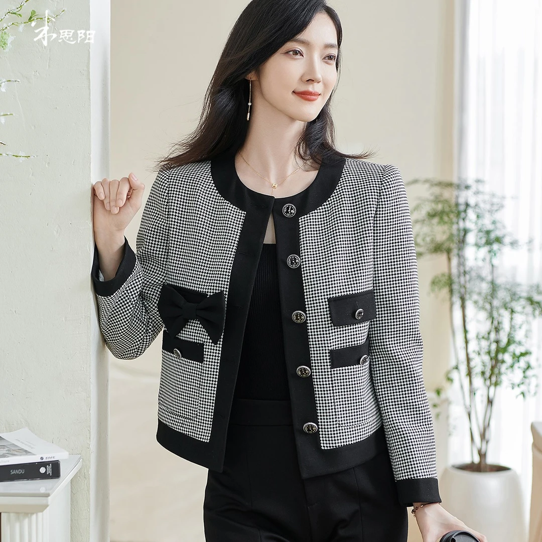 【薇薇专属】复古小香风短外套千鸟格拼接宽松女士上衣5M24AW0062