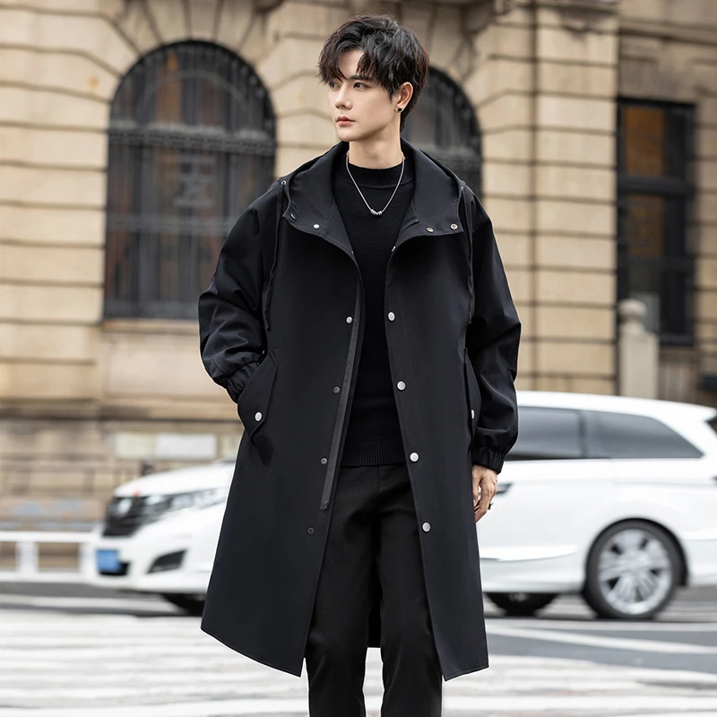 2025秋冬季新款中长款连帽风衣男士休闲帅气宽松外套时尚百搭大衣