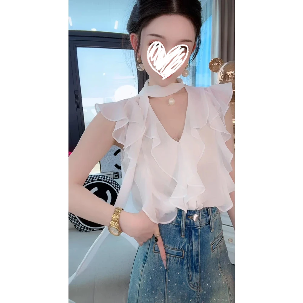 财阀千金女装蕾丝镂空舒适长袖气质V领衬衣2025夏季新款衬衫上衣