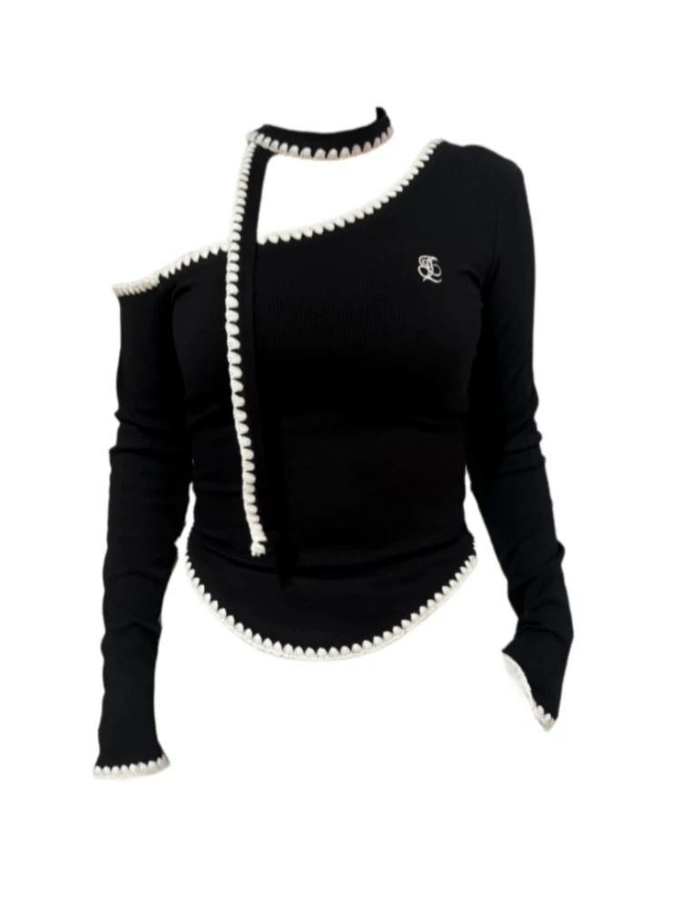 Amy家 微胖mm绣花斜肩针织打底衫女秋季新款不规则纯欲辣妹风上衣