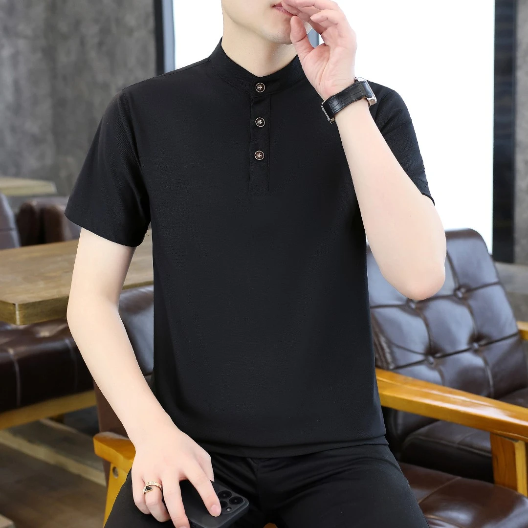 男士夏季透气速干中山领休闲t恤立领冰感短袖T恤潮流商务半袖上衣