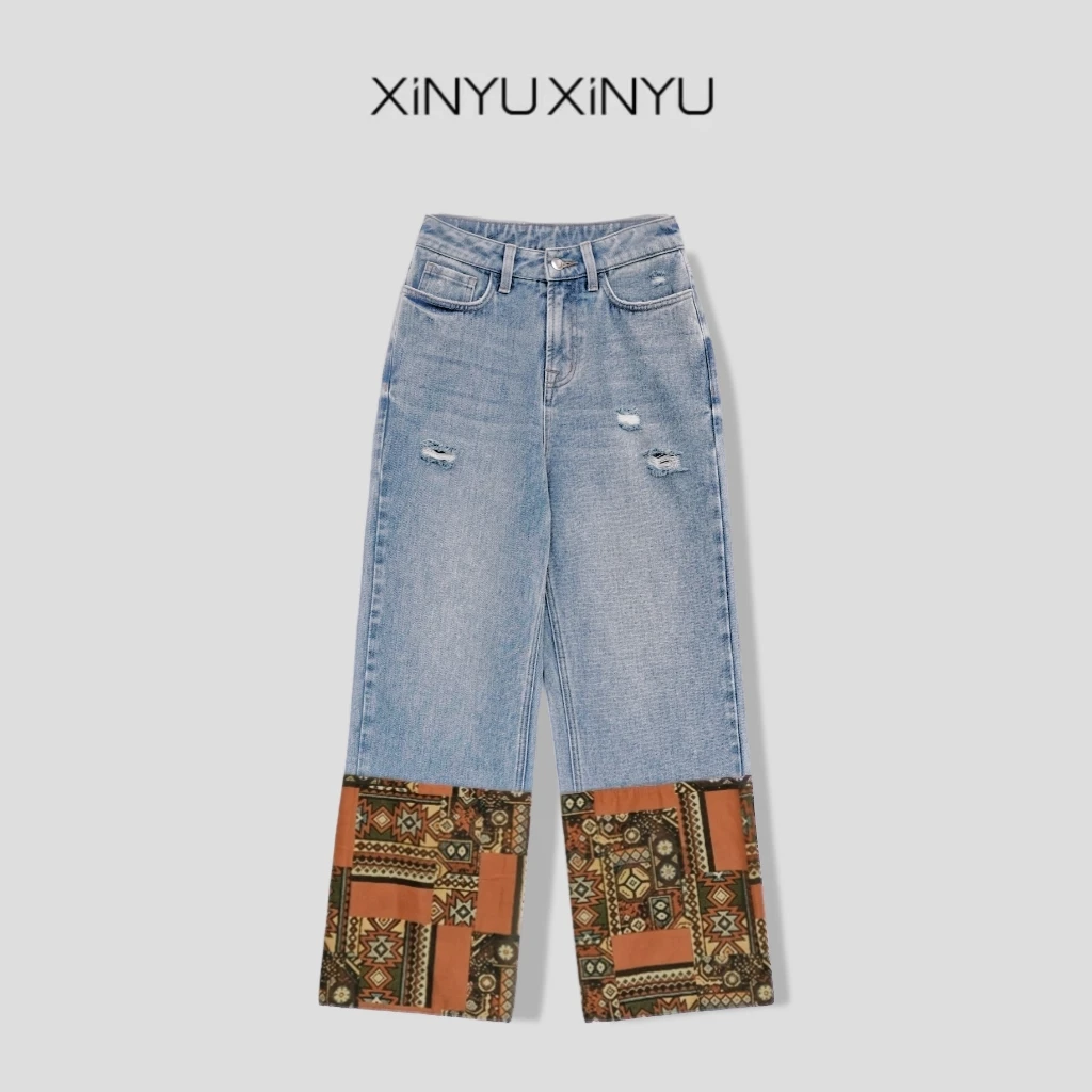 XINYU/芯与100棉花色图案拼接裤脚中腰直筒渔夫牛仔裤 24953 显瘦