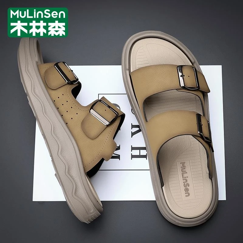 木林森拖鞋男秋季休闲外穿一字室内软底防滑爸爸男士沙滩涉水凉拖