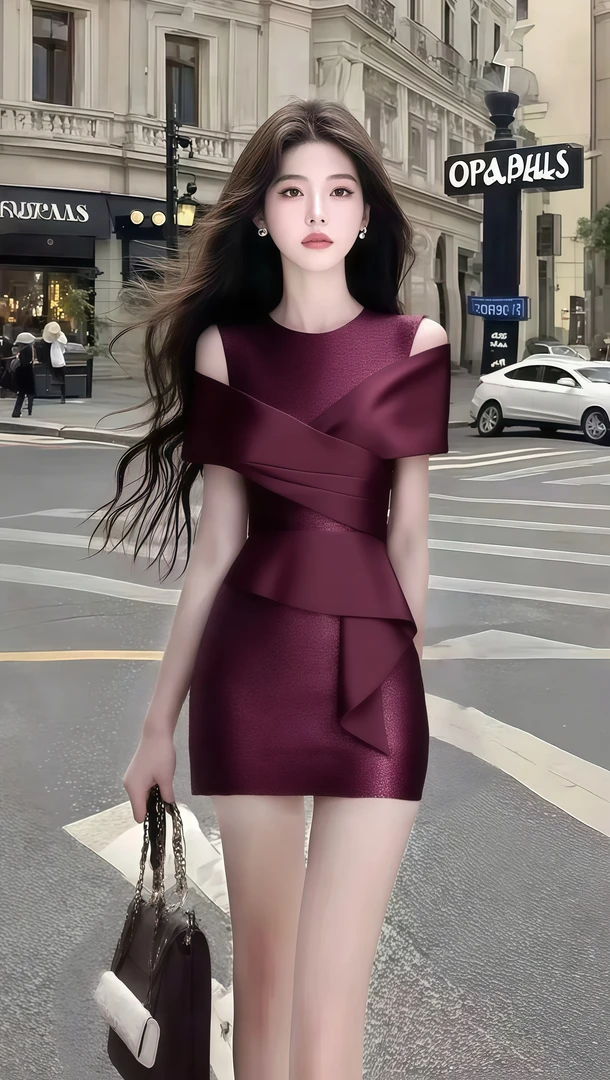 轻奢优雅法式千金风酒红色圆领露肩收腰包臀连衣裙女显瘦氛围感