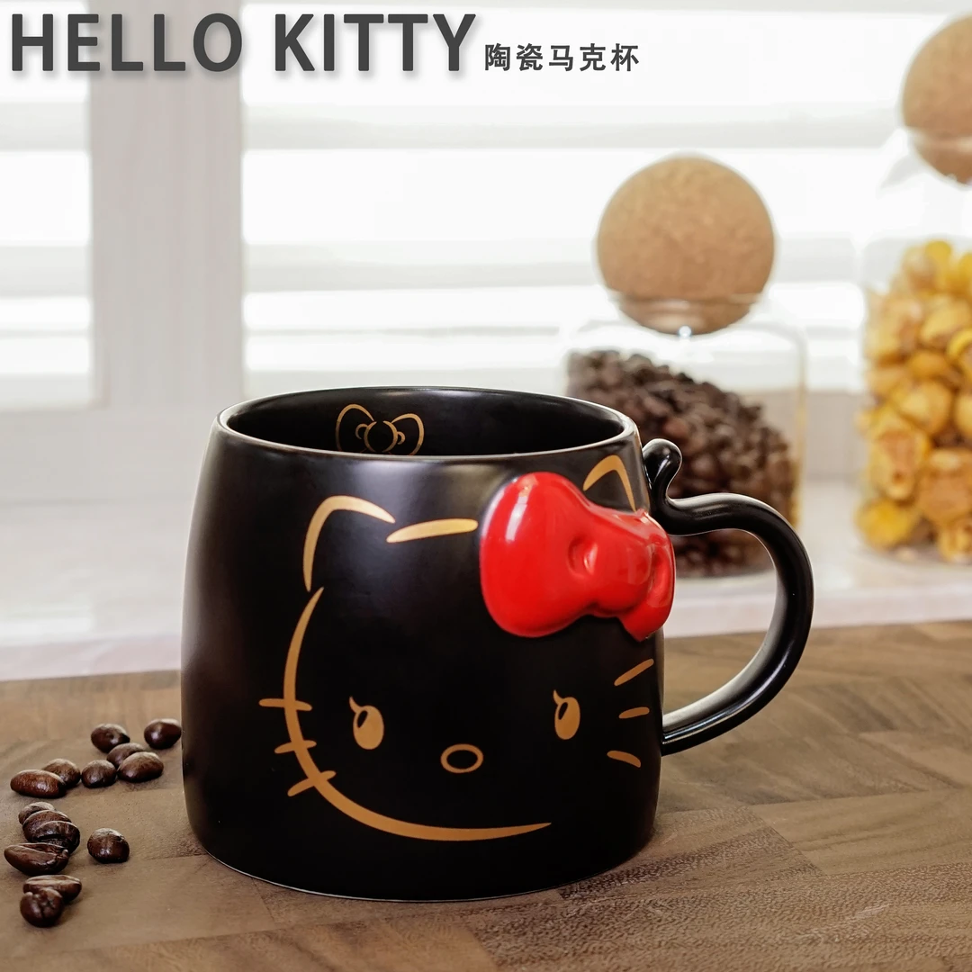 古杰士HelloKitty创意浮雕马克杯办公室陶瓷喝水杯子蝴蝶结咖啡杯