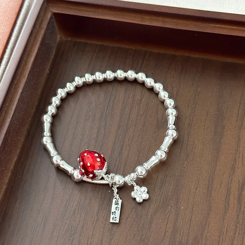 925银手链 【莓有烦恼手链】纯银红色滴油草莓长牌银珠弹力绳手链女