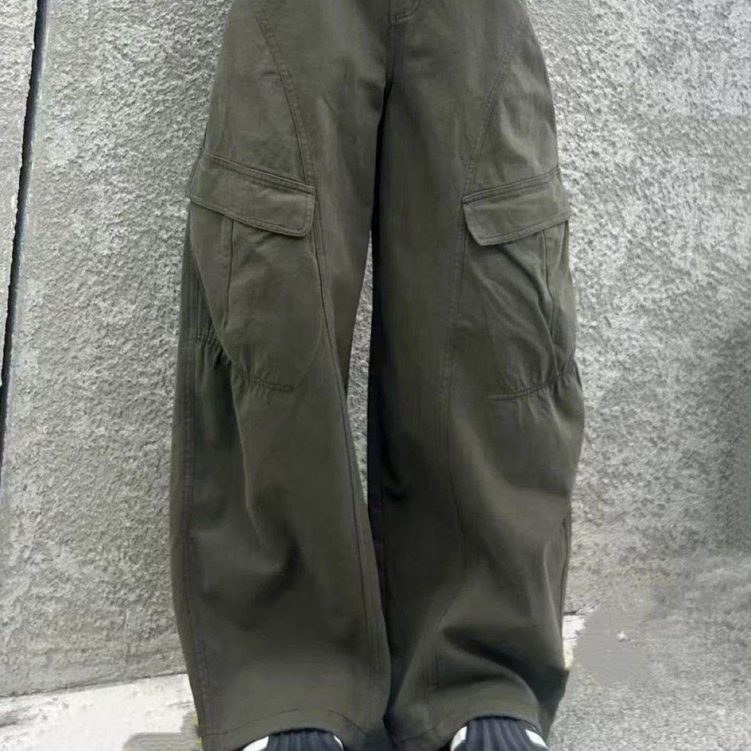 早秋新款大口袋高腰宽松显瘦阔腿牛仔工装裤女秋季时尚百搭休闲