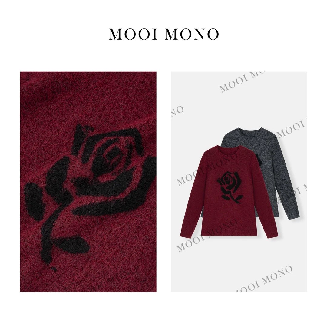 MOOI MONO"玫瑰物语"显瘦秋冬时尚百搭提花玫瑰圆领套头衫M416D44