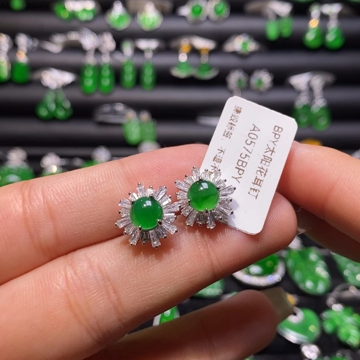 翡翠耳饰银S925镶嵌天然翡翠