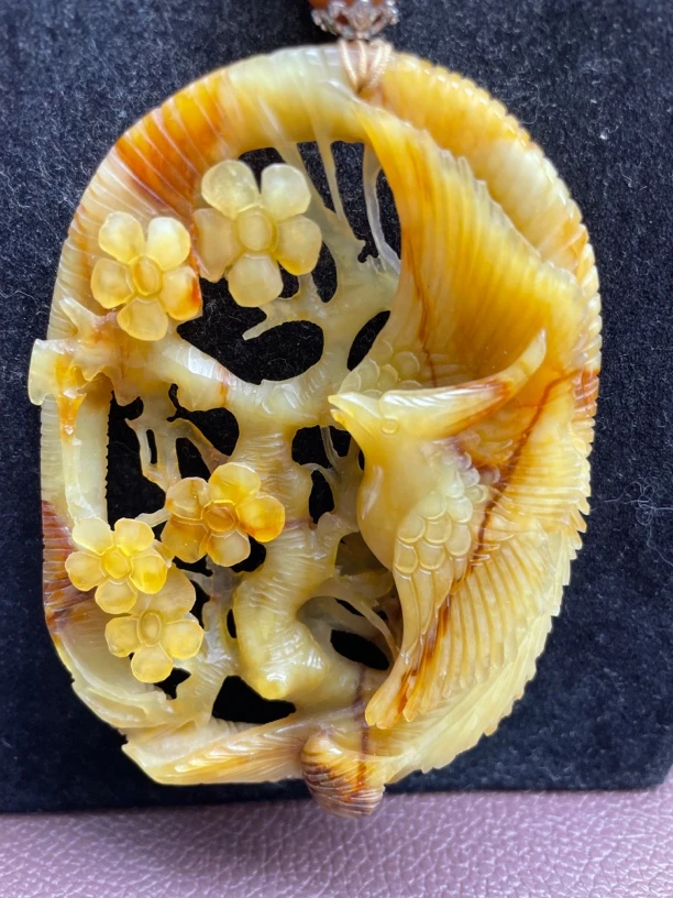 天然岫玉深坑老料玉石王花玉手工雕刻，喜上眉梢挂件毛衣链女款