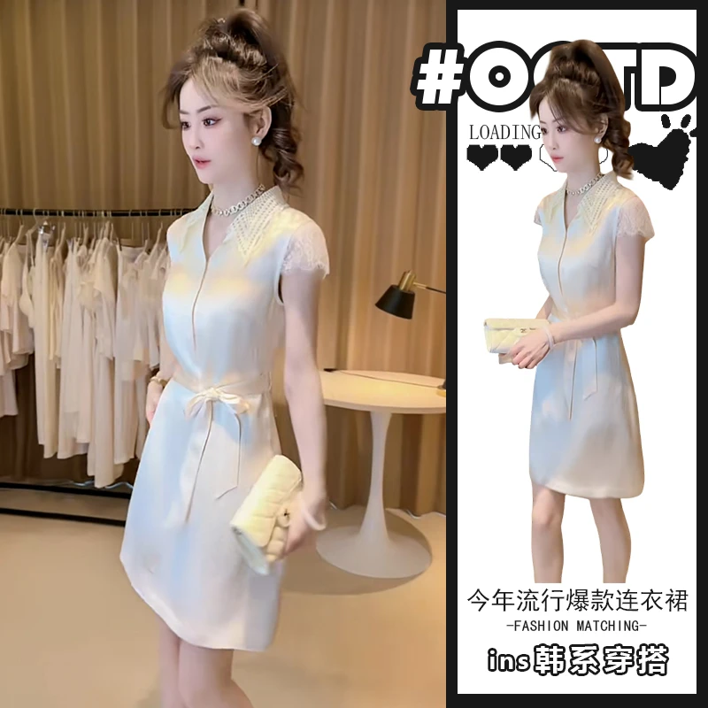 高级感独特洋气蕾丝拼接连衣裙女25夏季小个子气质收腰轻奢裙子潮