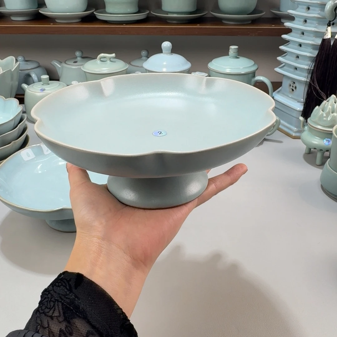 摆件瓷微微瑕汝窑仿古釉高足果盘编号2