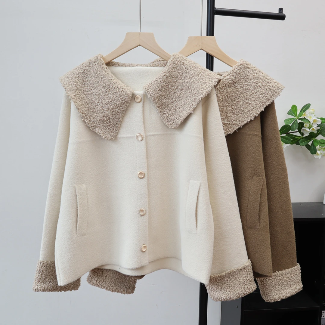 2025秋冬新款翻领韩板宽松针织双面呢开衫设计感小香风毛衣外套女