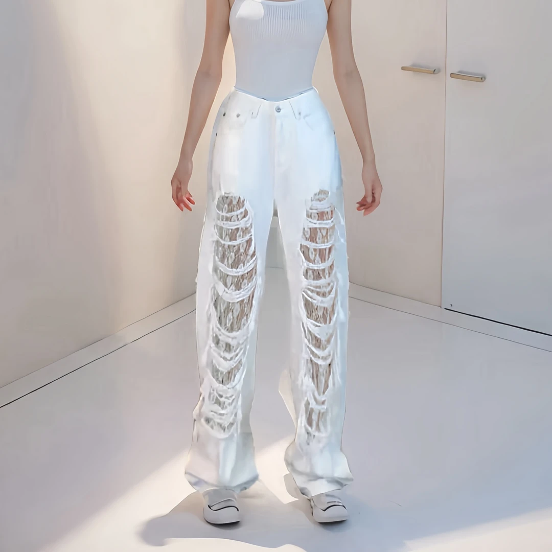 Aimeerosa/艾洛莎今年流行蕾丝破洞牛仔裤早春流苏小众拖地阔腿裤