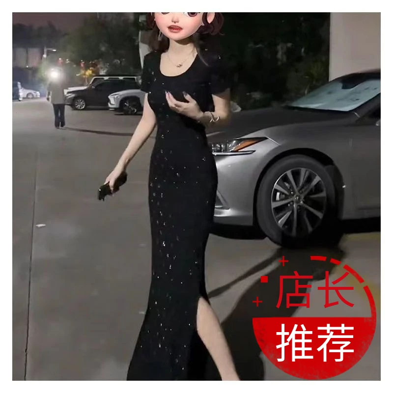 包臀裙黑色短袖店铺吊带裙2025气质长裙修身夏季显瘦收腰法式开叉