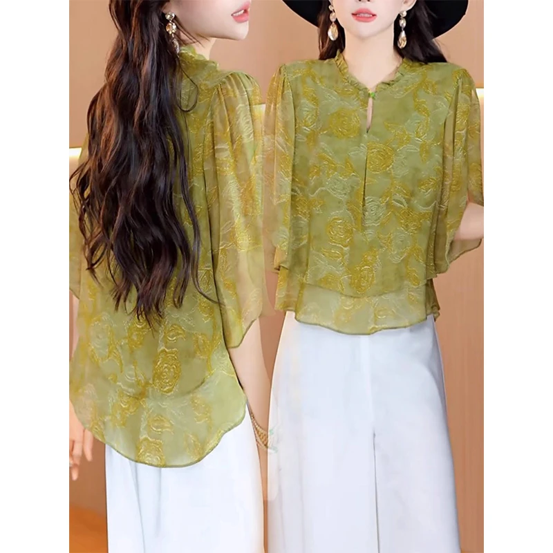 小众新中式国风双层提花衬衫女夏季2025新款超火减龄百搭半袖上衣