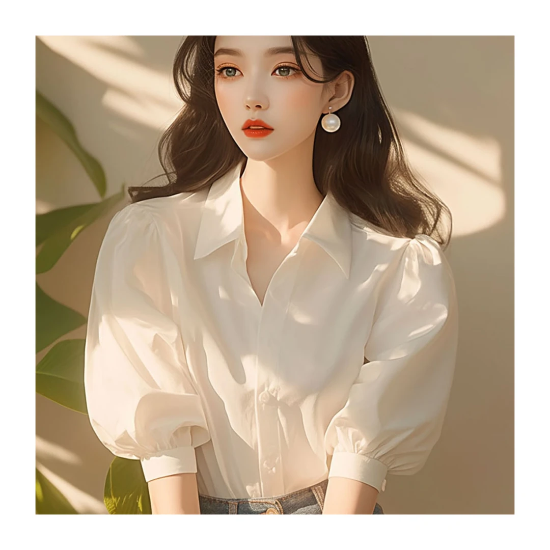 今年流行漂亮小个子洋气上衣显瘦遮肉小香风白色泡泡袖衬衫女夏季