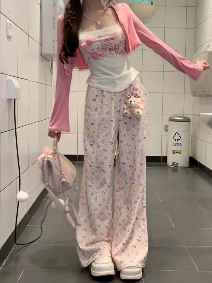 夏季修身显瘦设计感纯欲风甜美卡通印花吊带上衣+阔腿长裤套装女