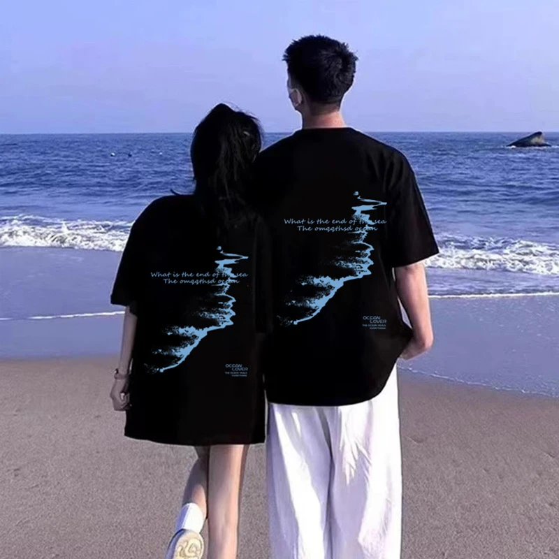 2025超火海边情侣装短袖夏季不一样高级感男女穿搭宽松上衣t恤潮