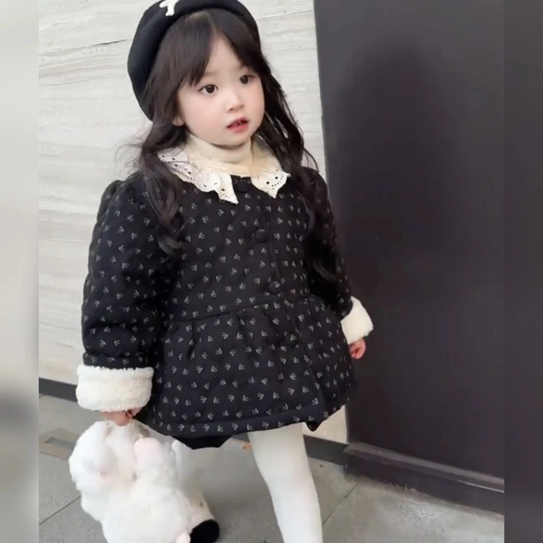 2025冬季女童韩系碎花棉服儿童甜美花边领娃娃装加绒棉服