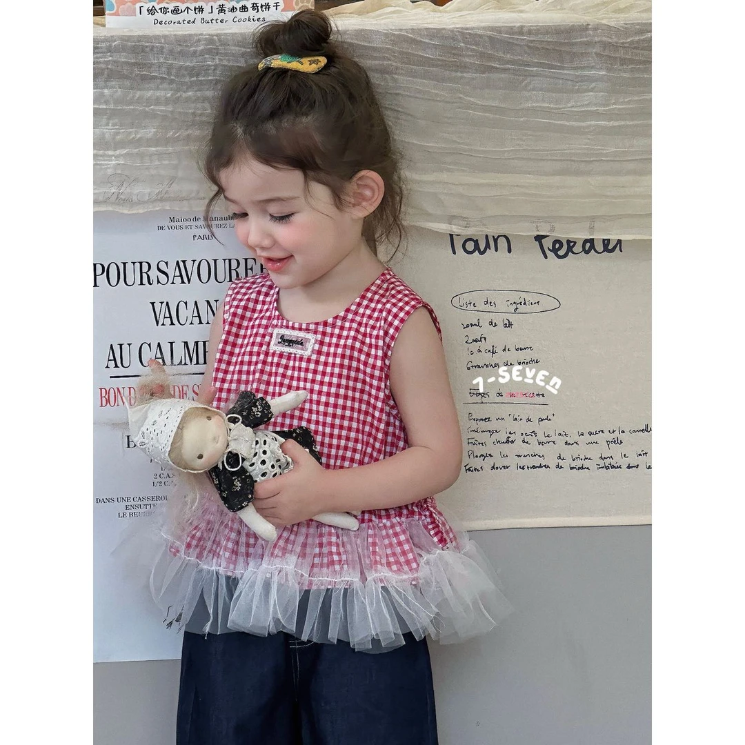 【A摆公主】7Seven女童洋气时髦无袖上衣格子纱纱娃娃衫6518（汉服）