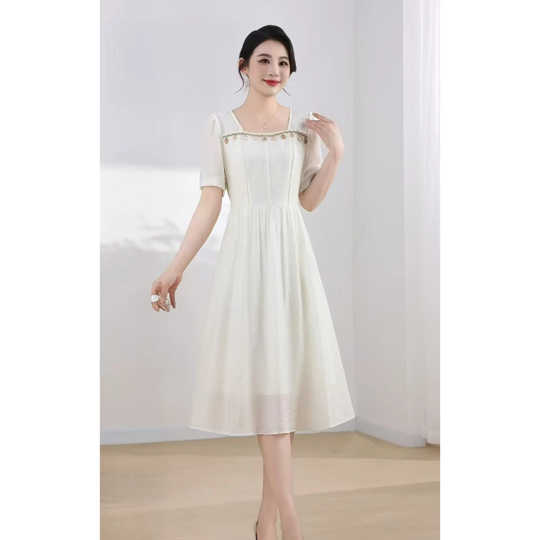 轻奢方口领夏季气优雅质连衣裙收腰修身L418-1