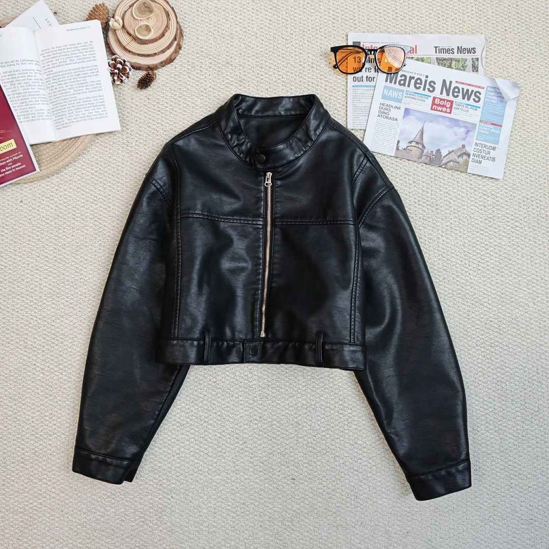 2025春季新款时尚百搭纯色长袖皮外套厚外套0045