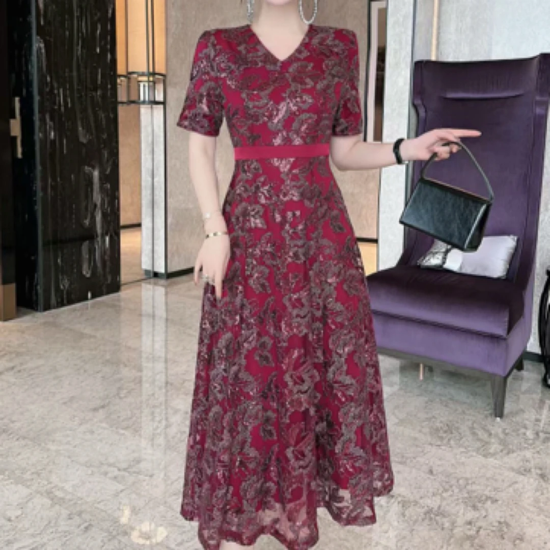 珍姐精选重工刺绣亮片静奢风长款中长款女士连衣裙优雅大方