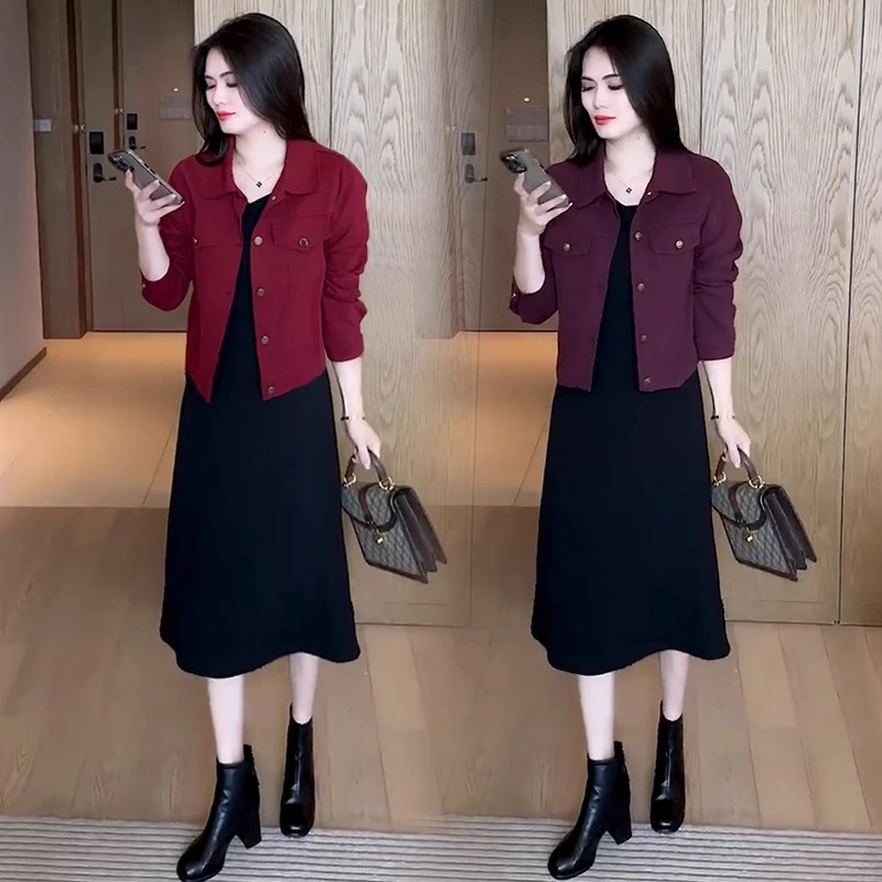 时尚休闲套装裙女2025春秋新款短款牛仔外套中长款连衣裙两件套潮