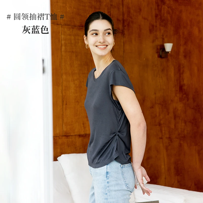 【墨琼】“阿飞的小蝴蝶” 醋酸显瘦抽褶纯色夏季透气恤6055