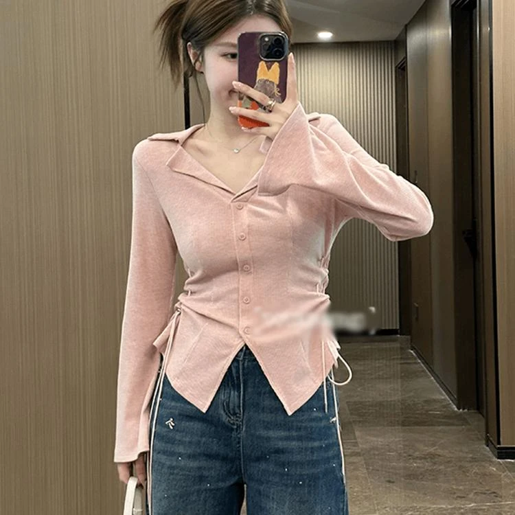 【8060】2025春夏新款胖mm抽绳设计感T恤收腰显瘦开叉针织衫上衣