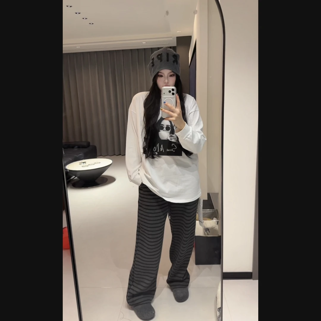 长袖透气落肩袖印花长袖圆领T恤冬季款外穿宽松春秋内搭宽松显瘦